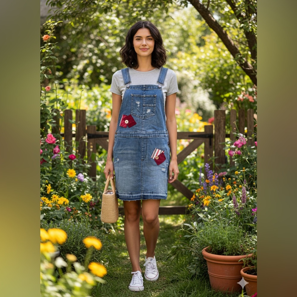 Maurices Blue Denim Overall Dress with Red Details